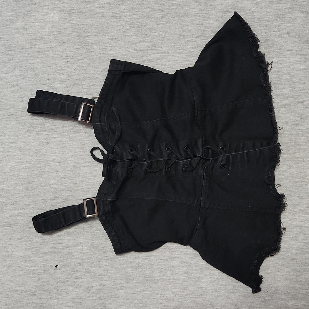 Black Denim Crop Peplum Lace-Up Corset Tank Top